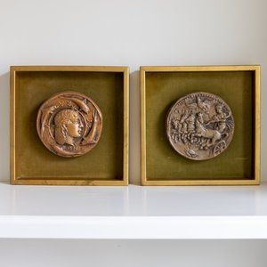 Framed Greek Coin Replicas – Syracuse Demareteion & Chariot, Clay Medallions